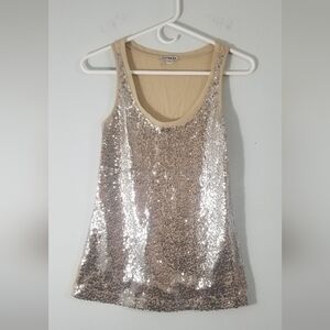 Express Tan & Silver Sequinned Womens Blouse. Size XS. Flashy Night Out Top EUC